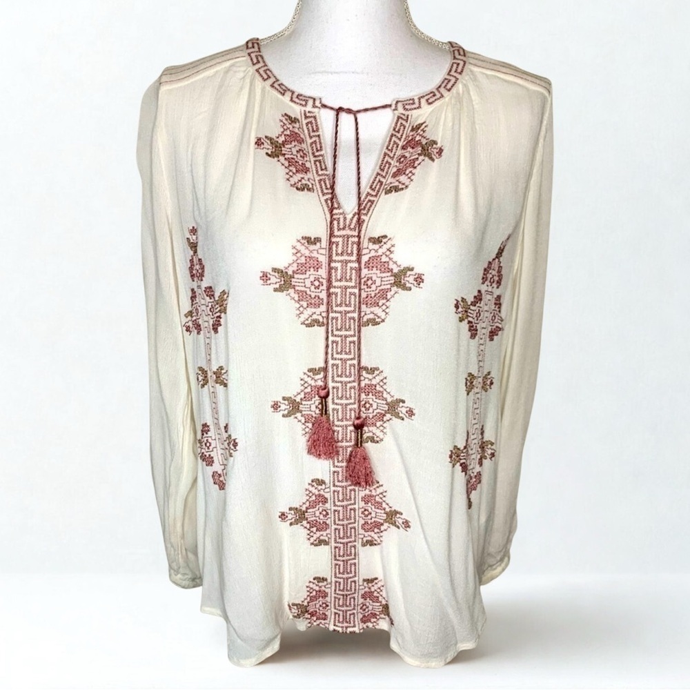 Lucky Brand Women Boho Embroidered Viscose Top Blouse Rose Pink Creme Medium